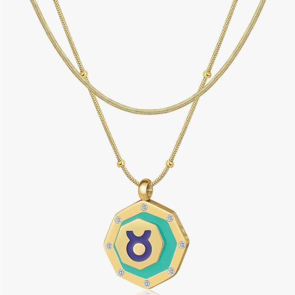 Taurus- Gold Enamel CZ Zodiac Pendant
Beaded Chain Necklace + FREE Snake Chain